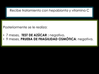 Recibe tratamiento con hepabionta y vitamina C

Posteriormente se le realiza:
• 7 meses, TEST DE AZÚCAR : negativo.
• 9 meses, PRUEBA DE FRAGILIDAD OSMÓTICA: negativa.

 