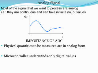 Most of the signal that we want to process are analog
i.e.: they are continuous and can take inifinite no. of values
x(t)
t
Analog Signal
IMPORTANCE OF ADC
 Physical quantities to be measured are in analog form
 Microcontroller understands only digital values
 