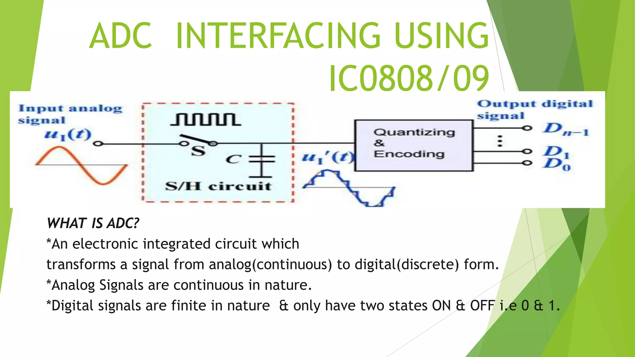ADC INTERFACING USING
IC0808/09
WHAT IS ADC?
*An electronic integrated circuit which
transforms a signal from analog(continuous) to digital(discrete) form.
*Analog Signals are continuous in nature.
*Digital signals are finite in nature & only have two states ON & OFF i.e 0 & 1.
 