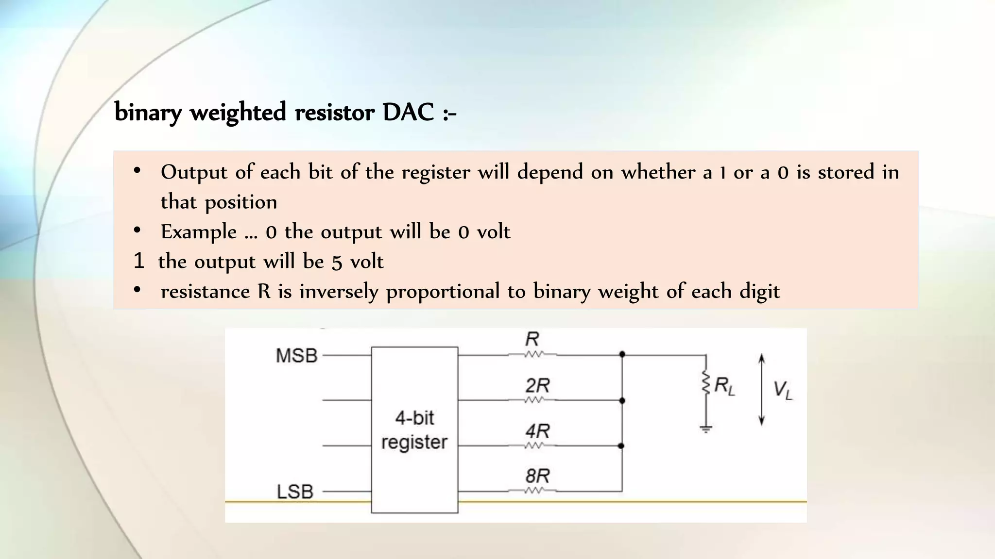 binary weighted resistor DAC :-
• Output of each bit of the register will depend on whether a 1 or a 0 is stored in
that position
• Example ... 0 the output will be 0 volt
1 the output will be 5 volt
• resistance R is inversely proportional to binary weight of each digit
 
