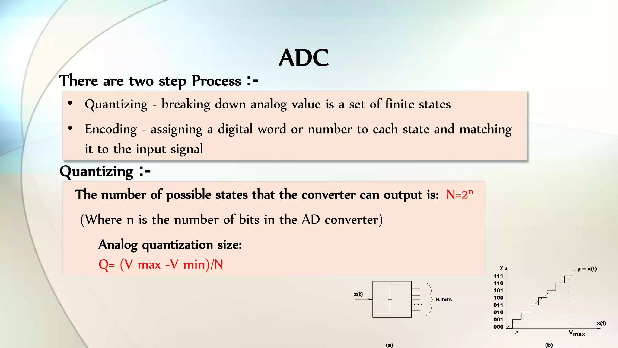 • Quantizing - breaking down analog value is a set of finite states
• Encoding - assigning a digital word or number to each state and matching
it to the input signal
ADC
The number of possible states that the converter can output is: N=2n
(Where n is the number of bits in the AD converter)
Analog quantization size:
Q= (V max -V min)/N
Quantizing -:
There are two step Process -:
 