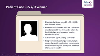 • Diagnosed with de novo ER−, PR− HER2+
mBC in liver, bones
• Received first-line THP with PR. Continued
maintenance HP for 24 months when she
has PD in liver and lungs and receives
second-line T-DM1
• Achieved PR again, lasting 18 months
• Progression in liver, lungs, bones, lymph
nodes. Patient is moderately symptomatic
with abdominal pain, bone pain, and mild
shortness of breath
Patient Case - 65 Y/O Woman
mBC, metastatic breast cancer; PD, progressive disease; THP, trastuzumab/pertuzumab/docetaxel.
 
