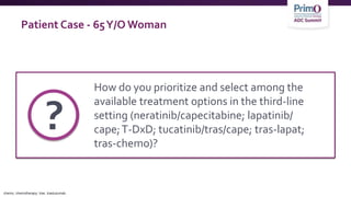 Patient Case - 65Y/O Woman
How do you prioritize and select among the
available treatment options in the third-line
setting (neratinib/capecitabine; lapatinib/
cape;T-DxD; tucatinib/tras/cape; tras-lapat;
tras-chemo)?
?
chemo, chemotherapy; tras, trastuzumab.
 