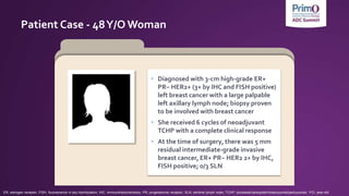 Patient Case - 48Y/O Woman
• Diagnosed with 3-cm high-grade ER+
PR− HER2+ (3+ by IHC and FISH positive)
left breast cancer with a large palpable
left axillary lymph node; biopsy proven
to be involved with breast cancer
• She received 6 cycles of neoadjuvant
TCHP with a complete clinical response
• At the time of surgery, there was 5 mm
residual intermediate-grade invasive
breast cancer, ER+ PR− HER2 2+ by IHC,
FISH positive; 0/3 SLN
ER, estrogen receptor; FISH, fluorescence in situ hybridization; IHC, immunohistochemistry; PR, progesterone receptor; SLN, sentinel lymph node; TCHP, docetaxel/carboplatin/trastuzumab/pertuzumab; Y/O, year-old.
 