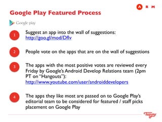 A	

 R	

 M
Google Play Featured Process	



 1	
  
         Suggest an app into the wall of suggestions:
         http://goo.gl/mod/DfIv	

         	

 2	
     People vote on the apps that are on the wall of suggestions	

         	

 3	
     The apps with the most positive votes are reviewed every
         Friday by Google’s Android Develop Relations team (2pm
         PT on “Hangouts”):
         http://www.youtube.com/user/androiddevelopers	

         	

 4	
     The apps they like most are passed on to Google Play’s
         editorial team to be considered for featured / staff picks
         placement on Google Play	

 