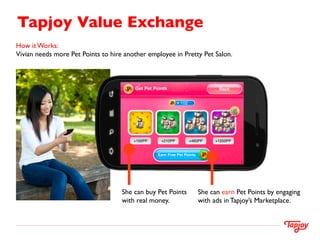 Tapjoy Value Exchange	

How it Works: 	

Vivian needs more Pet Points to hire another employee in Pretty Pet Salon.	





                                     She can buy Pet Points     She can earn Pet Points by engaging
                                     with real money.	

        with ads in Tapjoy’s Marketplace. 	

 