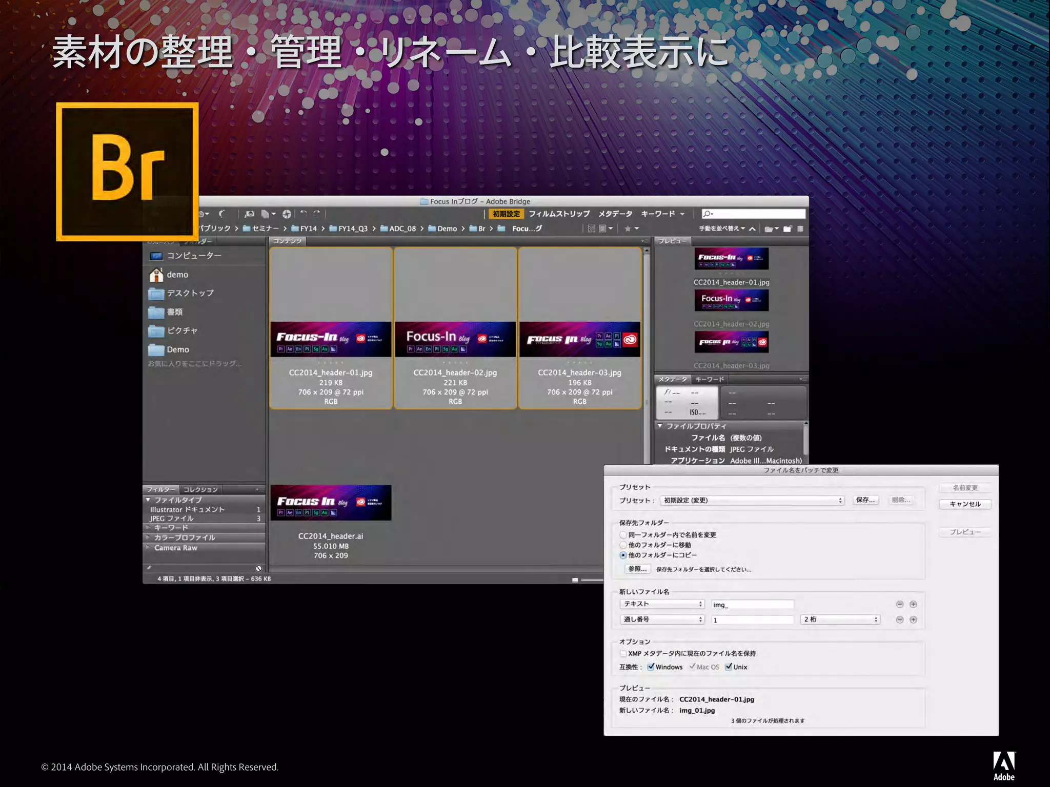 © 2014 Adobe Systems Incorporated. All Rights Reserved.
素材の整理・管理・リネーム・比較表示に
 