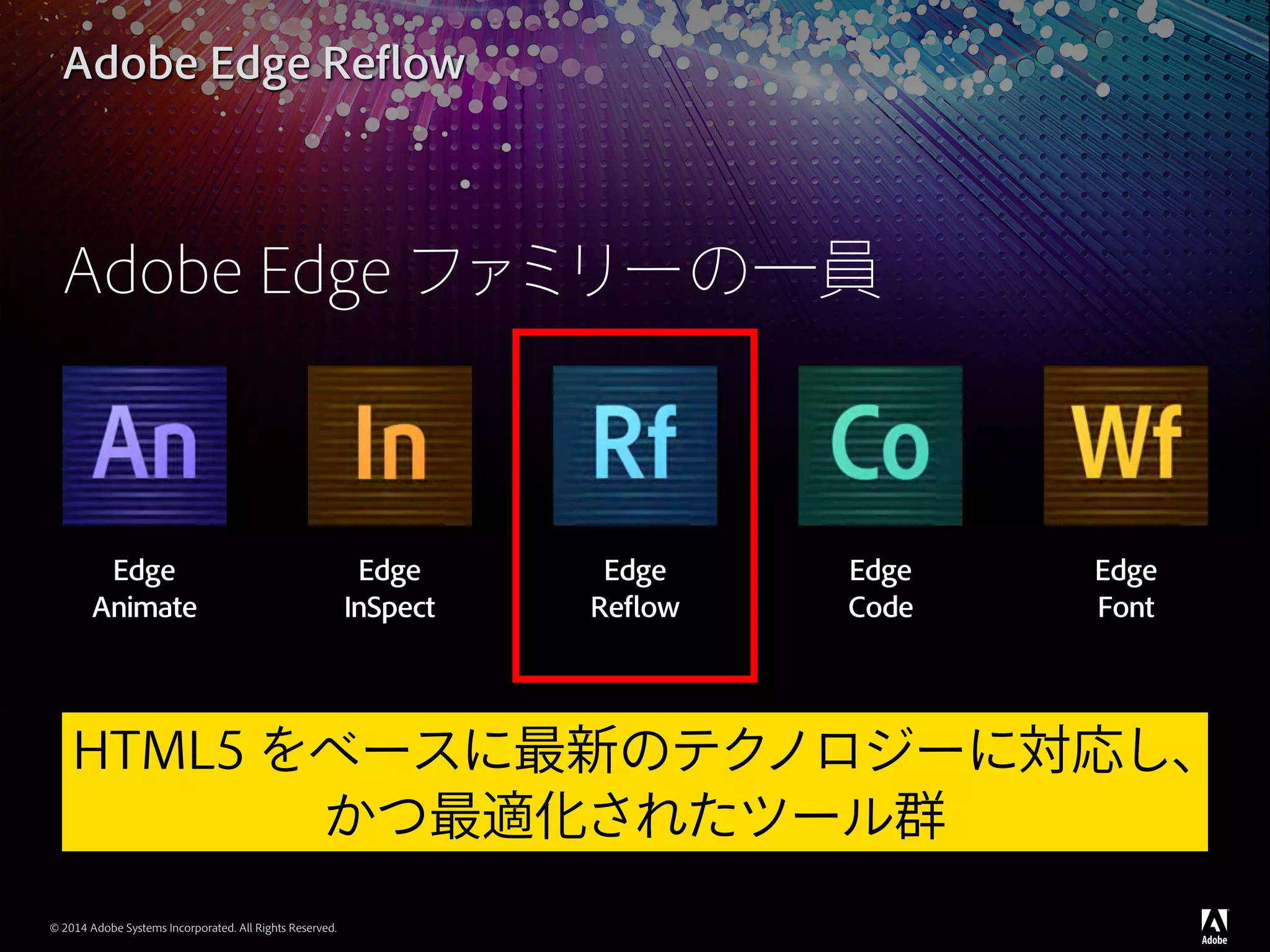 © 2014 Adobe Systems Incorporated. All Rights Reserved.
Adobe Edge Reflow
Edge
Animate
Edge
InSpect
Edge
Reflow
Edge
Code
Edge
Font
Adobe Edge ファミリーの一員
HTML5 をベースに最新のテクノロジーに対応し、
かつ最適化されたツール群
 