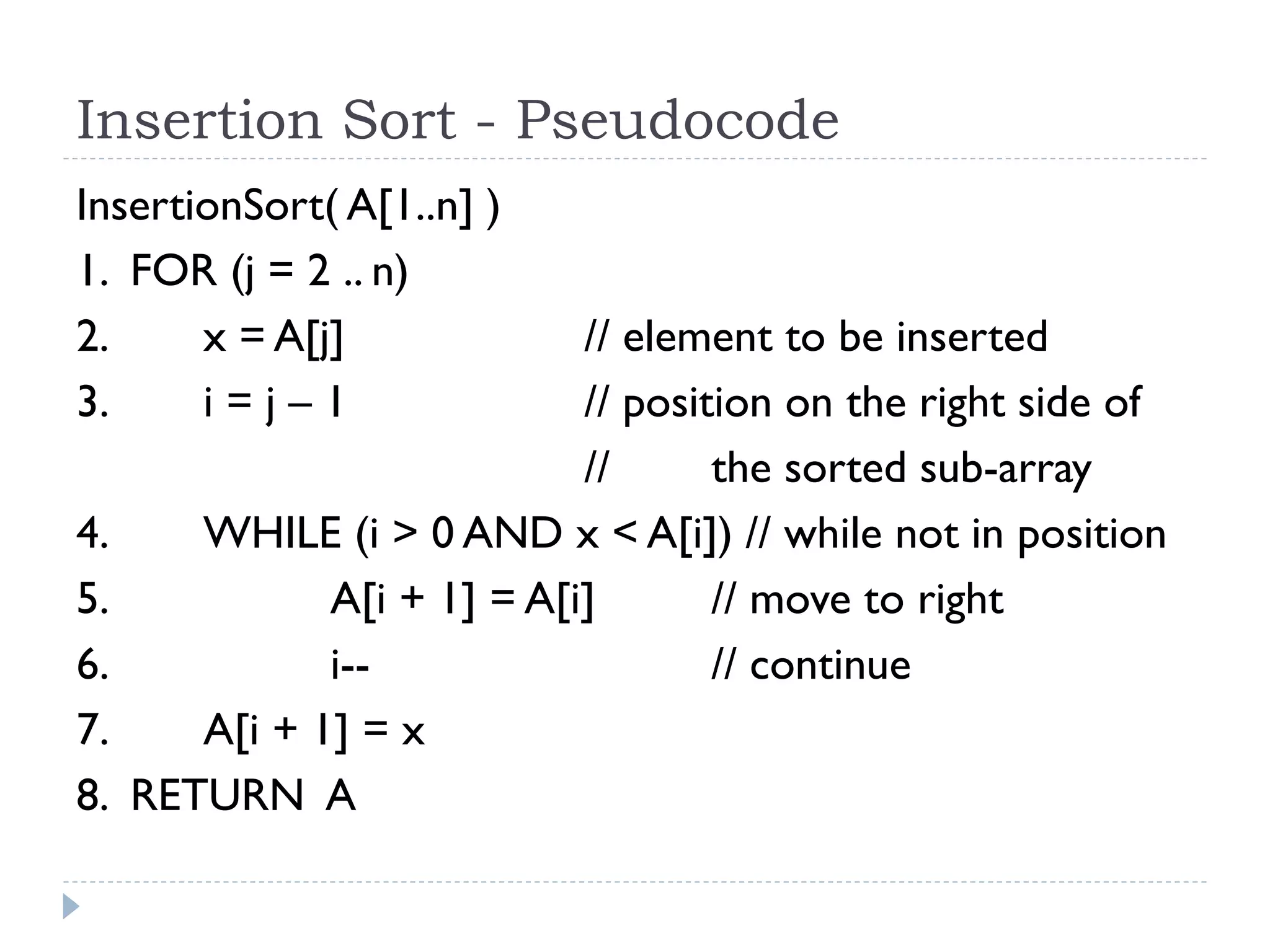 Insertion Sort - Pseudocode
InsertionSort( A[1..n] )
1. FOR (j = 2 .. n)
2.
x = A[j]
3.
i=j–1
4.
5.
6.
7.
8.

// element to be inserted
// position on the right side of
//
the sorted sub-array
WHILE (i > 0 AND x < A[i]) // while not in position
A[i + 1] = A[i]
// move to right
i-// continue
A[i + 1] = x
RETURN A

 