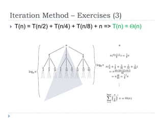 Iteration Method – Exercises (3)


T(n) = T(n/2) + T(n/4) + T(n/8) + n => T(n) =

(n)

 