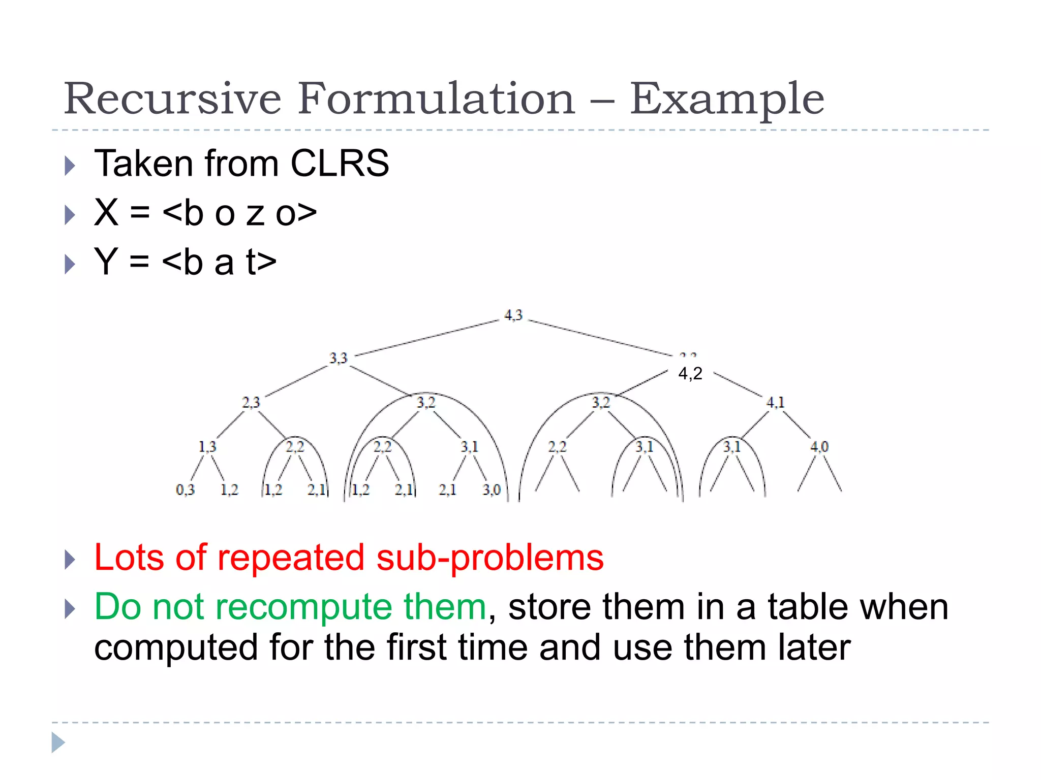 Recursive Formulation – Example




Taken from CLRS
X = <b o z o>
Y = <b a t>
4,2




Lots of repeated sub-problems
Do not recompute them, store them in a table when
computed for the first time and use them later

 