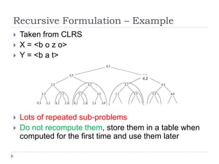 Recursive Formulation – Example




Taken from CLRS
X = <b o z o>
Y = <b a t>
4,2




Lots of repeated sub-problems
Do not recompute them, store them in a table when
computed for the first time and use them later

 