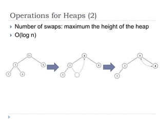 Operations for Heaps (2)



Number of swaps: maximum the height of the heap
O(log n)

 