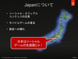 © 2012 Adobe Systems Co., Ltd. All Rights Reserved. Adobe Confidential.
Japanについて
18 Source:
• ソーシャル・カジュアル
コンテンツの定着
• モバイル...