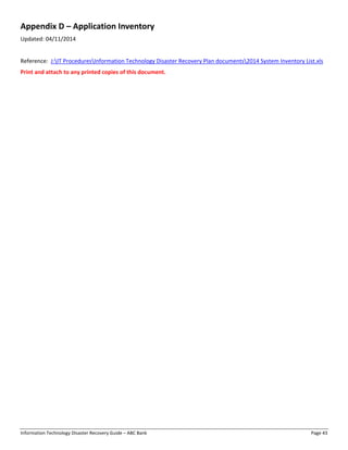 Information Technology Disaster Recovery Guide - ABC Bank (redacted) | PDF