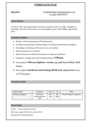 CURRICULUM VITAE
RakeshC Email:rakeshgowda.kkp@gmail.com
Contact: 8095370111
Career Objective:
To work in a firm with a professional work driven environment where I can utilize and apply my
knowledge, skill which would enable me as a fresh graduate to grow while fulfilling organizational
goals.
Professional Summary:
 Having 1 .10Year of experience in IT Infrastructure.
 Providing functional and technical support for hardware and Software problems.
 Knowledge in ticketing tool like service now and outlook
 Remote assistance for customers
 Self-involvements on all the technical issue to improve my skill set.
 Installation, Configuration and Troubleshooting of VMware.
 Hascompleted VMwarevshphere version 5.5 and 6.0atVEPSUN ,BTM
Layout.
 Has completed hardware,networking,MCSE and 2003 server course
at ITTS Bangalore.
Professional Details:
Organization Company From To Role
Present Company Newwave
Computing Pvt
Ltd
Nov
2014
Till
Date
Onsite Support Engineer
Project Details:
Client: Toyota kirloskar motors
Duration: august 2014 to November 2014
Designation: backup engineer
 