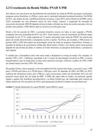 2.3 Crescimento da Renda Média: PNAD X PIB
Nos últimos oito anos houve um descolamento do crescimento da renda da PNAD, que pauta as principais
pesquisas sociais brasileiras, e o PIB per capita, que é o principal indicador econômico brasileiro. Na PNAD
de 2011, que acabou de sair, o problema diminuiu um pouco, e para 2012, pelos indicativos da PME, cresce
(4,6% acumulado nos oito primeiros meses do ano). Senão, vejamos: a magnitude da retomada do
crescimento do período 2003-09 depende da base de dados utilizada nas óticas das contas nacionais e do seu
produto mais popular, o PIB. Mesmo após as sucessivas revisões para cima.

Desde o fim da recessão de 2003, a economia brasileira cresceu em todos os anos segundo a PNAD,
compondo uma taxa acumulada de 40,7% até 2011. Neste ínterim, a taxa de crescimento do PIB per capita
acumulada foi de 27,7%, sendo superada em 13 pontos percentuais pela renda da PNAD. Na maioria dos
países do mundo desenvolvidos e emergentes ocorreu o oposto. Na China, por exemplo, o PIB cresceu no
período 2003 a 2010 dois pontos de porcentagem acima da renda de pesquisas domiciliares. Portanto, o
tamanho da distância do crescimento sofrida pelo Brasil frente à China e aos demais países neste período
depende do tipo de base de dados se usamos as Contas Nacionais, ou pesquisas domiciliares, a perspectiva
aqui seguida.

É verdade que a discrepância entre estas taxas tende a desaparecer ao longo do tempo. Por exemplo, no
período 1995 a 2011 a diferença acumulada é de 1,5 ponto de porcentagem favorável ao PIB. A notícia
tranquilizadora é que no longo prazo as duas séries parecem convergir, conforme o gráfico de 1995 a 2009
em número índice com base 1995=100, ilustra.

De qualquer forma, resta a pergunta: se há convergência de fato a prazo mais longo, o que puxa o que: o PIB
puxa a PNAD para baixo ou a PNAD puxa o PIB para cima? Se depender do PIB e da PME em 2012,
nenhuma das alternativas acima, pois o PIB per capita cresce pouco contra um crescimento 4,6% nos oito
primeiros meses deste ano, da renda da PME. A PME não capta todas as rendas, em particular aquelas
ligadas a ganhos dos benefícios previdenciários e ao Bolsa Família que são impactadas pelo reajuste do
salário mínimo de 14% em janeiro de 2012 e pelo lançamento do Brasil Carinhoso em maio deste ano.

Gráfico 7 - Renda Domiciliar Per capita PNAD* versus PIB Per capita




Fonte: IPEA a partir dos microdados da PNAD, PME e das Contas Nacionais/IBGE

                                                                                                         14
 