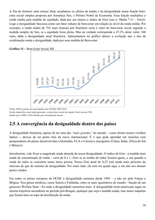 A fim de fornecer uma síntese final, acoplamos os efeitos da média e da desigualdade numa função bem-
estar social simples proposta por Amartaya Sen, o Prêmio Nobel de Economia. Essa função multiplica a
renda média pela medida de equidade, dada por um menos o índice de Gini (isto é: Média * (1 – Gini)).
Logo a desigualdade funciona como um fator redutor de bem-estar em relação ao nível da renda média. Por
exemplo, a renda média de 763 reais mensais por brasileiro seria o valor do bem-estar social segundo a
medida simples de Sen, se a equidade fosse plena. Mas na verdade corresponde a 47,3% deste valor, 360
reais, dada a desigualdade atual brasileira. Apresentamos no gráfico abaixo a evolução ano a ano da
combinação renda e desigualdade, dada por essa medida de Bem-estar.

Gráfico 11 – Bem-Estar Social, R$




Fonte: IPEA a partir dos microdados das PNADs 1995-2011.
Exclui domicílios com renda ignorada; exclui áreas rurais da região Norte (exceto TO).
Dados para 2000 e 2010 obtidos por interpolação linear.


2.5 A convergência da desigualdade dentro dos países
A desigualdade brasileira, apesar de ser uma das “mais grandes” do mundo – como dizem nossos vizinhos
latinos -, deixou de ser ponto fora da curva internacional. É o que pude aprender em reuniões com
pesquisadores de países desenvolvidos (Alemanha, EUA e Coreia) e emergentes (China, Índia, África do Sul
e México).

Inicialmente, vale frisar a magnitude ainda absurda da nossa desigualdade. O índice de Gini - a medida mais
usada de concentração de renda - varia de 0 a 1. Zero se as rendas de todos fossem iguais, e um quando a
renda de todos se concentra numa única pessoa. Nosso Gini atual de 0,53 está ainda mais próximo do
máximo do que do mínimo da desigualdade. Por outro lado, ela está em queda aqui, e em alta nos demais
países citados.

Em todos os países europeus da OCDE a desigualdade aumenta desde 1985 – a não ser pela França e
Bélgica. Nos países nórdicos, como Suécia e Finlândia, entre os mais igualitários do mundo - função de um
generoso Welfare State - foi onde a desigualdade aumentou mais. A desigualdade norte-americana segue na
mesma trajetória ascendente no período pós-Reagan, qualquer que seja a medida usada, mas maior naquelas
que focam mais no topo da distribuição de renda.


                                                                                                        18
 