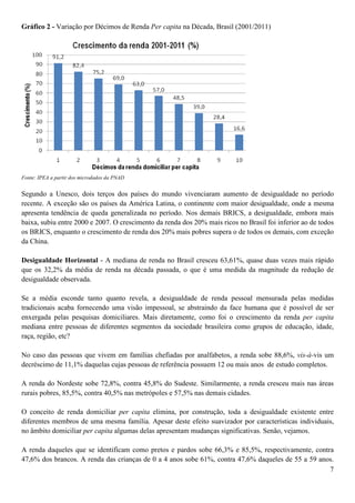 Gráfico 2 - Variação por Décimos de Renda Per capita na Década, Brasil (2001/2011)




Fonte: IPEA a partir dos microdados da PNAD


Segundo a Unesco, dois terços dos países do mundo vivenciaram aumento de desigualdade no período
recente. A exceção são os países da América Latina, o continente com maior desigualdade, onde a mesma
apresenta tendência de queda generalizada no período. Nos demais BRICS, a desigualdade, embora mais
baixa, subiu entre 2000 e 2007. O crescimento da renda dos 20% mais ricos no Brasil foi inferior ao de todos
os BRICS, enquanto o crescimento de renda dos 20% mais pobres supera o de todos os demais, com exceção
da China.

Desigualdade Horizontal - A mediana de renda no Brasil cresceu 63,61%, quase duas vezes mais rápido
que os 32,2% da média de renda na década passada, o que é uma medida da magnitude da redução de
desigualdade observada.

Se a média esconde tanto quanto revela, a desigualdade de renda pessoal mensurada pelas medidas
tradicionais acaba fornecendo uma visão impessoal, se abstraindo da face humana que é possível de ser
enxergada pelas pesquisas domiciliares. Mais diretamente, como foi o crescimento da renda per capita
mediana entre pessoas de diferentes segmentos da sociedade brasileira como grupos de educação, idade,
raça, região, etc?

No caso das pessoas que vivem em famílias chefiadas por analfabetos, a renda sobe 88,6%, vis-à-vis um
decréscimo de 11,1% daquelas cujas pessoas de referência possuem 12 ou mais anos de estudo completos.

A renda do Nordeste sobe 72,8%, contra 45,8% do Sudeste. Similarmente, a renda cresceu mais nas áreas
rurais pobres, 85,5%, contra 40,5% nas metrópoles e 57,5% nas demais cidades.

O conceito de renda domiciliar per capita elimina, por construção, toda a desigualdade existente entre
diferentes membros de uma mesma família. Apesar deste efeito suavizador por características individuais,
no âmbito domiciliar per capita algumas delas apresentam mudanças significativas. Senão, vejamos.

A renda daqueles que se identificam como pretos e pardos sobe 66,3% e 85,5%, respectivamente, contra
47,6% dos brancos. A renda das crianças de 0 a 4 anos sobe 61%, contra 47,6% daqueles de 55 a 59 anos.
                                                                                                    7
 