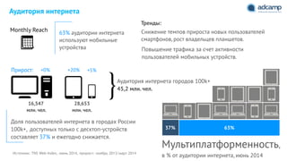 Аудитория интернета
Источник: TNS Web-Index, июнь 2014, прирост: ноябрь 2013/март 2014
Снижение темпов прироста новых пользователей
смартфонов, рост владельцев планшетов.
63% аудитории интернета
используют мобильные
устройства
Доля пользователей интернета в городах России
100k+, доступных только с десктоп-устройств
составляет 37% и ежегодно снижается.
Monthly Reach
Повышение трафика за счет активности
пользователей мобильных устройств.
Аудитория интернета городов 100k+
45,2 млн. чел.
}
+20% +5%+0%
16,547
млн. чел.
28,653
млн. чел.
Мультиплатформенность,
в % от аудитории интернета, июнь 2014
63%37%
Тренды:
Прирост:
 