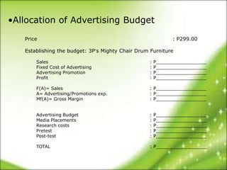 •Allocation of Advertising Budget

   Price                                                    : P299.00

   Establishing the budget: 3P’s Mighty Chair Drum Furniture

       Sales                                      :   P__________________
       Fixed Cost of Advertising                  :   P__________________
       Advertising Promotion                      :   P__________________
       Profit                                     :   P__________________

       F(A)= Sales                                : P__________________
       A= Advertising/Promotions exp.             : P__________________
       Mf(A)= Gross Margin                        : P__________________


       Advertising Budget                         :   P__________________
       Media Placements                           :   P__________________
       Research costs                             :   P__________________
       Pretest                                    :   P__________________
       Post-test                                  :   P__________________

       TOTAL                                      : P__________________
 