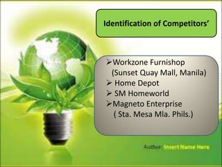 Identification of Competitors’



Workzone Furnishop
 (Sunset Quay Mall, Manila)
 Home Depot
 SM Homeworld
Magneto Enterprise
  ( Sta. Mesa Mla. Phils.)
 