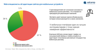 5 %
28 %
67 %
Нет
Мобильная версия сайта
Мобильное приложение сайта
Источник: Опрос Web-специалистов, Mail.ru Group, сентябрь 2013
Web-специалисты об адаптации сайтов для мобильных устройств
Компания AdCamp сегментирует трафик на
пользователей desktop и mobile устройств и
адаптирует популярные рекламные площадки под
мобильную рекламу.
У рекламодателей нет осознания значимости
мобильного рынка рекламы, что становится
преградой для реализации кампаний.9
9
Эксперты дают разные оценки объема рынка,
которые сильно расходятся в своих значениях.
У мобильных платформ один из лучших
инструментариев с точки зрения
измерения эффективности
 