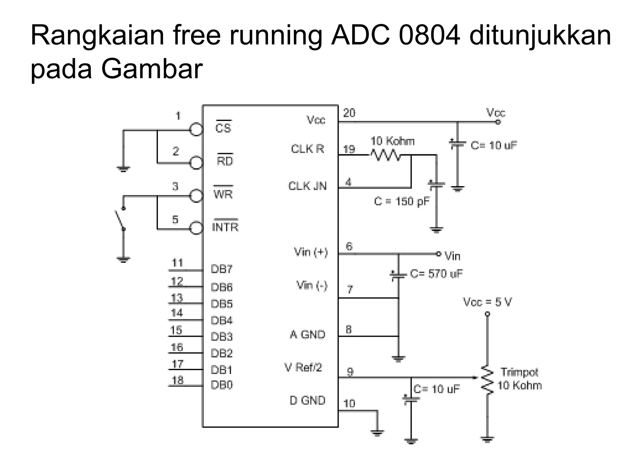 Rangkaian free running ADC 0804 ditunjukkan
pada Gambar
 