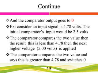 Continue
And the comparator output goes to 0
Ex: consider an input signal is 4.78 volts. The
initial comparator’s input would be 2.5 volts
The comparator compares the two value then
the result this is less than 4.78 then the next
higher voltage (5.00 volts) is applied
The comparator compares the two value and
says this is greater than 4.78 and switches 0

13

13

 
