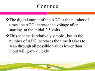 Continue
The digital output of the ADC is the number of
times the ADC increase the voltage after
starting at the initial 2.5 volts
This scheme is relatively simple , but as the
number of ADC increases the time it takes to
scan through all possible values lower than
input will grow quickly

14

14

 