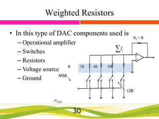 Weighted Resistors
• In this type of DAC components used is
– Operational amplifier
– Switches
– Resistors
R
– Voltage source
MSB
– Ground

Rf = R

Ii
2R

4R

8R

LSB
-VREF

30

30

 