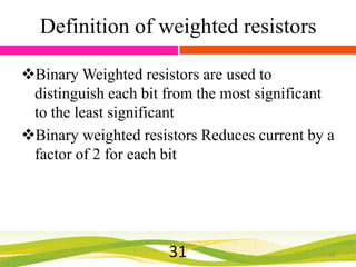 Definition of weighted resistors
Binary Weighted resistors are used to
distinguish each bit from the most significant
to the least significant
Binary weighted resistors Reduces current by a
factor of 2 for each bit

31

31

 