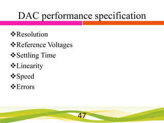 DAC performance specification
Resolution
Reference Voltages
Settling Time
Linearity
Speed
Errors

47

47

 