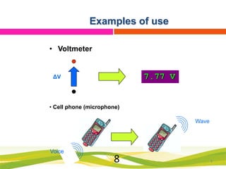Examples of use
• Voltmeter

7.77 V

ΔV

• Cell phone (microphone)
Wave

Voice

8

8

 
