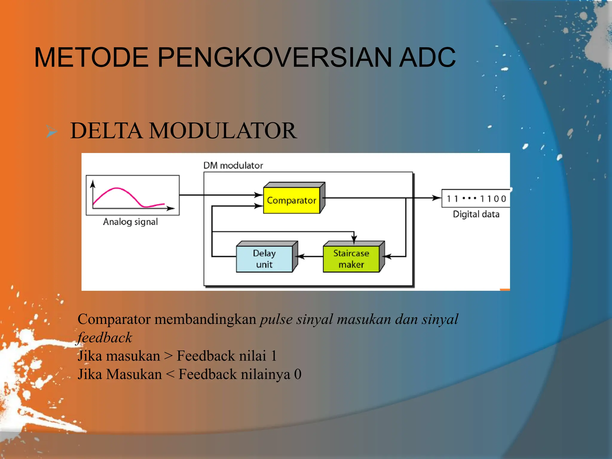 METODE PENGKOVERSIAN ADC
 DELTA MODULATOR
Comparator membandingkan pulse sinyal masukan dan sinyal
feedback
Jika masukan > Feedback nilai 1
Jika Masukan < Feedback nilainya 0
 