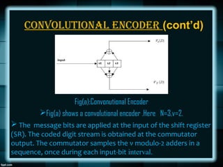Convolutional enCoder (cont’d)
Fig(a):Convonutional Encoder
Fig(a) shows a convolutional encoder .Here N=3,v=2.
 The mes...