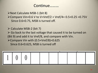 Next Calculate MSB-1 (bit 8)
Compare Vin=0.6 V to V=Vref/2 + Vref/4= 0.5+0.25 =0.75V
Since 0.6<0.75, MSB is turned off.
 Calculate MSB-2 (bit 7)
 Go back to the last voltage that caused it to be turned on
(Bit 9) and add it to Vref/8, and compare with Vin.
Compare Vin with (0.5+Vref/8)=0.625
Since 0.6<0.625, MSB is turned off
Continue………
29
 
