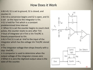 How Does it Work
At t<0, S1 is set to ground, S2 is closed, and
counter=0.
At t=0 a conversion begins and S2 is open, and S1
is set so the input to the integrator is Vin.
S1 is held for Tint which is a constant
predetermined time interval.
 When S1 is set the counter begins to count clock
pulses, the counter resets to zero after Tint
Vout of integrator at t=Tint is Vin Tint/RC is
linearly proportional to Vin.
At t=Tint S1 is set at -Vref to the input of the
integrator which has the voltage Vin Tint/RC stored
in it.
The integrator voltage then drops linearly with a
slop -Vref/RC.
 A compartor is used to determine when the
output voltage of the integrator crosses zero
When it is zero the digitized output value is the
state of the counter.
33
 