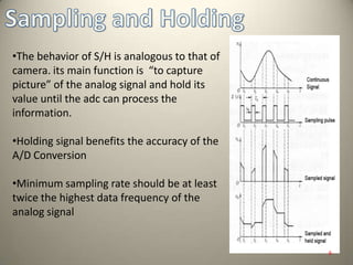 •The behavior of S/H is analogous to that of
camera. its main function is “to capture
picture” of the analog signal and hold its
value until the adc can process the
information.
•Holding signal benefits the accuracy of the
A/D Conversion
•Minimum sampling rate should be at least
twice the highest data frequency of the
analog signal
6
 