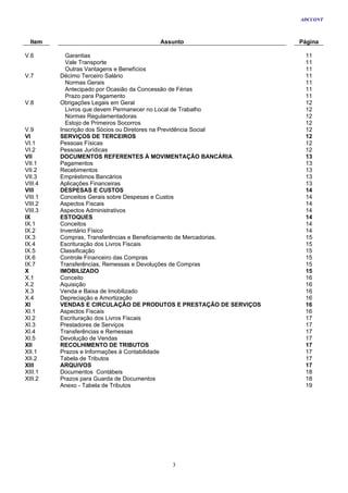 ADCCONT



  Item                              Assunto                         Página

V.6        Garantias                                                 11
           Vale Transporte                                           11
           Outras Vantagens e Benefícios                             11
V.7      Décimo Terceiro Salário                                     11
           Normas Gerais                                             11
           Antecipado por Ocasião da Concessão de Férias             11
           Prazo para Pagamento                                      11
V.8      Obrigações Legais em Geral                                  12
           Livros que devem Permanecer no Local de Trabalho          12
           Normas Regulamentadoras                                   12
           Estojo de Primeiros Socorros                              12
V.9      Inscrição dos Sócios ou Diretores na Previdência Social     12
VI       SERVIÇOS DE TERCEIROS                                       12
VI.1     Pessoas Físicas                                             12
VI.2     Pessoas Jurídicas                                           12
VII      DOCUMENTOS REFERENTES À MOVIMENTAÇÃO BANCÁRIA               13
VII.1    Pagamentos                                                  13
VII.2    Recebimentos                                                13
VII.3    Empréstimos Bancários                                       13
VIII.4   Aplicações Financeiras                                      13
VIII     DESPESAS E CUSTOS                                           14
VIII.1   Conceitos Gerais sobre Despesas e Custos                    14
VIII.2   Aspectos Fiscais                                            14
VIII.3   Aspectos Administrativos                                    14
IX       ESTOQUES                                                    14
IX.1     Conceitos                                                   14
IX.2     Inventário Físico                                           14
IX.3     Compras, Transferências e Beneficiamento de Mercadorias.    15
IX.4     Escrituração dos Livros Fiscais                             15
IX.5     Classificação                                               15
IX.6     Controle Financeiro das Compras                             15
IX.7     Transferências, Remessas e Devoluções de Compras            15
X        IMOBILIZADO                                                 15
X.1      Conceito                                                    16
X.2      Aquisição                                                   16
X.3      Venda e Baixa de Imobilizado                                16
X.4      Depreciação e Amortização                                   16
XI       VENDAS E CIRCULAÇÃO DE PRODUTOS E PRESTAÇÃO DE SERVIÇOS     16
XI.1     Aspectos Fiscais                                            16
XI.2     Escrituração dos Livros Fiscais                             17
XI.3     Prestadores de Serviços                                     17
XI.4     Transferências e Remessas                                   17
XI.5     Devolução de Vendas                                         17
XII      RECOLHIMENTO DE TRIBUTOS                                    17
XII.1    Prazos e Informações à Contabilidade                        17
XII.2    Tabela de Tributos                                          17
XIII     ARQUIVOS                                                    17
XIII.1   Documentos Contábeis                                        18
XIII.2   Prazos para Guarda de Documentos                            18
         Anexo - Tabela de Tributos                                  19




                                        3
 