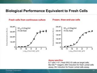 ©2013 Promega Corporation.
Promega CorporationPromega Corporation 14
Biological Performance Equivalent to Fresh Cells
Fresh cells from continuous culture Frozen, thaw-and-use cells
EC50=3.5ng/ml
FI=34-fold
EC50=2.9ng/ml
FI=41-fold
Assay specifics:
E:T ratio = 6:1; fresh WIL2-S cells as target cells;
Bio-Glo™ reagent; 20hr induction for fresh Jurkat cells
assay; 6hr induction for frozen Jurkat cells assay.
 