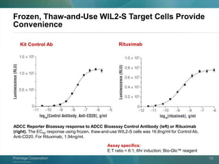 ©2013 Promega Corporation.
Promega CorporationPromega Corporation 15
Frozen, Thaw-and-Use WIL2-S Target Cells Provide
Convenience
Kit Control Ab Rituximab
ADCC Reporter Bioassay response to ADCC Bioassay Control Antibody (left) or Rituximab
(right). The EC50 response using frozen, thaw-and-use WIL2-S cells was 16.8ng/ml for Control Ab,
Anti-CD20. For Rituximab, 1.94ng/ml.
Assay specifics:
E:T ratio = 6:1; 6hr induction; Bio-Glo™ reagent
 