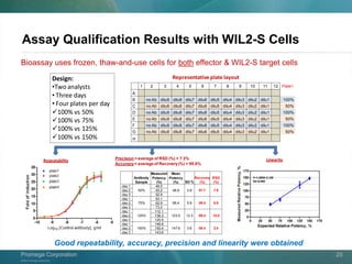 ©2013 Promega Corporation.
Promega CorporationPromega Corporation 25
Assay Qualification Results with WIL2-S Cells
Design:
•Two analysts
• Three days
• Four plates per day
100% vs 50%
100% vs 75%
100% vs 125%
100% vs 150%
Linearity
Representative plate layout
Repeatability
Y=1.026X-5.126
R2=0.995
1 2 3 4 5 6 7 8 9 10 11 12 Plate1
A
B no Ab dilu9 dilu8 dilu7 dilu6 dilu5 dilu4 dilu3 dilu2 dilu1 100%
C no Ab dilu9 dilu8 dilu7 dilu6 dilu5 dilu4 dilu3 dilu2 dilu1 50%
D no Ab dilu9 dilu8 dilu7 dilu6 dilu5 dilu4 dilu3 dilu2 dilu1 100%
E no Ab dilu9 dilu8 dilu7 dilu6 dilu5 dilu4 dilu3 dilu2 dilu1 50%
F no Ab dilu9 dilu8 dilu7 dilu6 dilu5 dilu4 dilu3 dilu2 dilu1 100%
G no Ab dilu9 dilu8 dilu7 dilu6 dilu5 dilu4 dilu3 dilu2 dilu1 50%
H
Precision =average of RSD (%) = 7.3%
Accuracy= average of Recovery(%) = 95.8%
Antibody
Sample
Measured
Potency
(%)
Mean
Potency
(%) SD %
Recovery
(%)
RSD
(%)
day 1 48.5
day 2 50% 45.2 48.9 3.9 97.7 7.9
day 3 52.9
day 1 63.1
day 2 75% 62.9 66.4 5.9 88.5 8.9
day 3 73.2
day 1 112.1
day 2 125% 136.3 123.0 12.3 98.4 10.0
day 3 120.5
day 1 148.8
day 2 150% 150.4 147.6 3.6 98.4 2.4
day 3 143.6
Bioassay uses frozen, thaw-and-use cells for both effector & WIL2-S target cells
Good repeatability, accuracy, precision and linearity were obtained
 