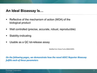 ©2013 Promega Corporation.
Promega CorporationPromega Corporation 3
 Reflective of the mechanism of action (MOA) of the
biological product
 Well controlled (precise, accurate, robust, reproducible)
 Stability-indicating
 Usable as a QC lot-release assay
Modified from Chana Fuchs (DMA/CDER)
An Ideal Bioassay Is…
On the following pages, we demonstrate how the novel ADCC Reporter Bioassay
fulfills each of these parameters
 
