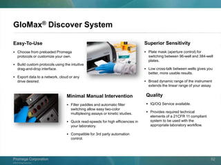 ©2013 Promega Corporation.
Promega CorporationPromega Corporation 52
GloMax® Discover System
Easy-To-Use
 Choose from preloaded Promega
protocols or customize your own.
 Build custom protocols using the intuitive
drag-and-drop interface.
 Export data to a network, cloud or any
drive desired.
Superior Sensitivity
 Plate mask (aperture control) for
switching between 96-well and 384-well
plates.
 Low cross-talk between wells gives you
better, more usable results.
 Broad dynamic range of the instrument
extends the linear range of your assay.
Minimal Manual Intervention
 Filter paddles and automatic filter
switching allow easy two-color
multiplexing assays or kinetic studies.
 Quick read-speeds for high efficiencies in
your laboratory.
 Compatible for 3rd party automation
control.
Quality
 IQ/OQ Service available.
 Provides required technical
elements of a 21CFR 11 compliant
system to be used with the
appropriate laboratory workflow.
 