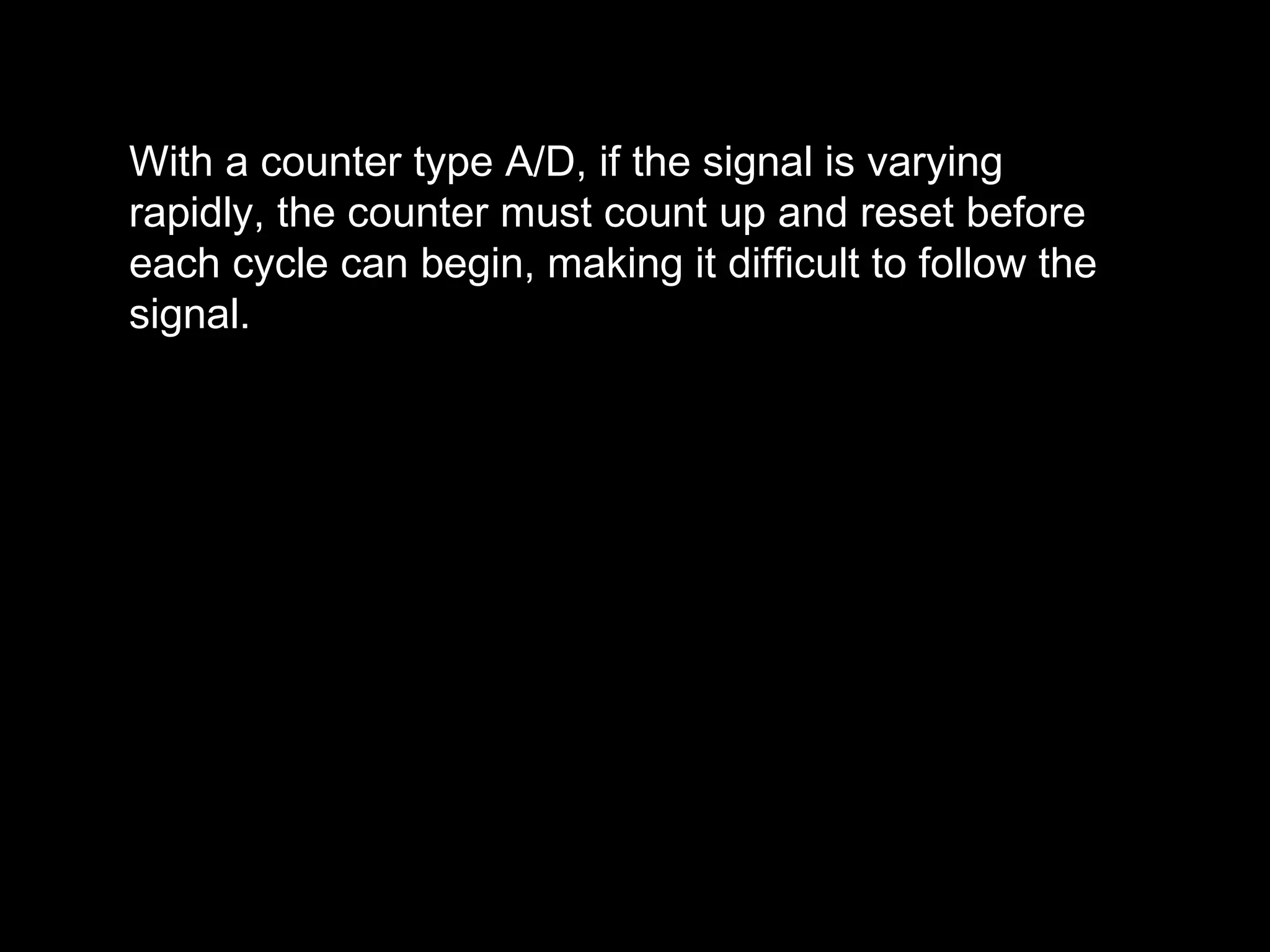 With a counter type A/D, if the signal is varying 
rapidly, the counter must count up and reset before 
each cycle can begin, making it difficult to follow the 
signal. 
 