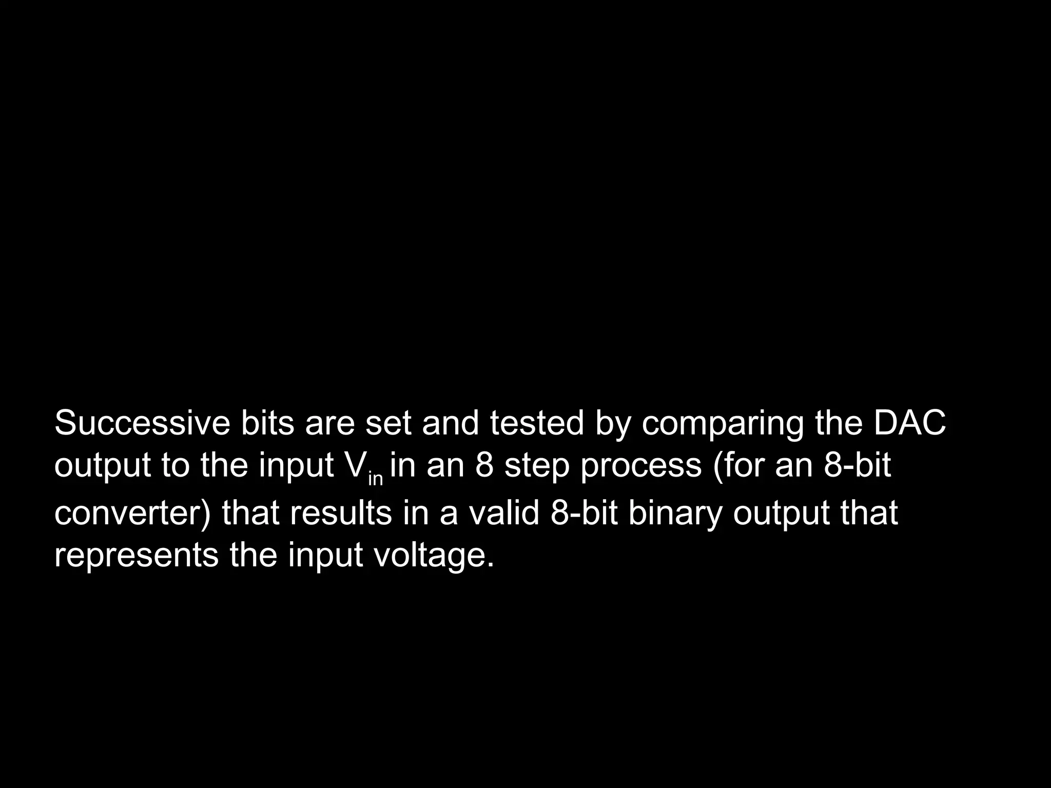 Successive bits are set and tested by comparing the DAC 
output to the input Vin in an 8 step process (for an 8-bit 
converter) that results in a valid 8-bit binary output that 
represents the input voltage. 
 