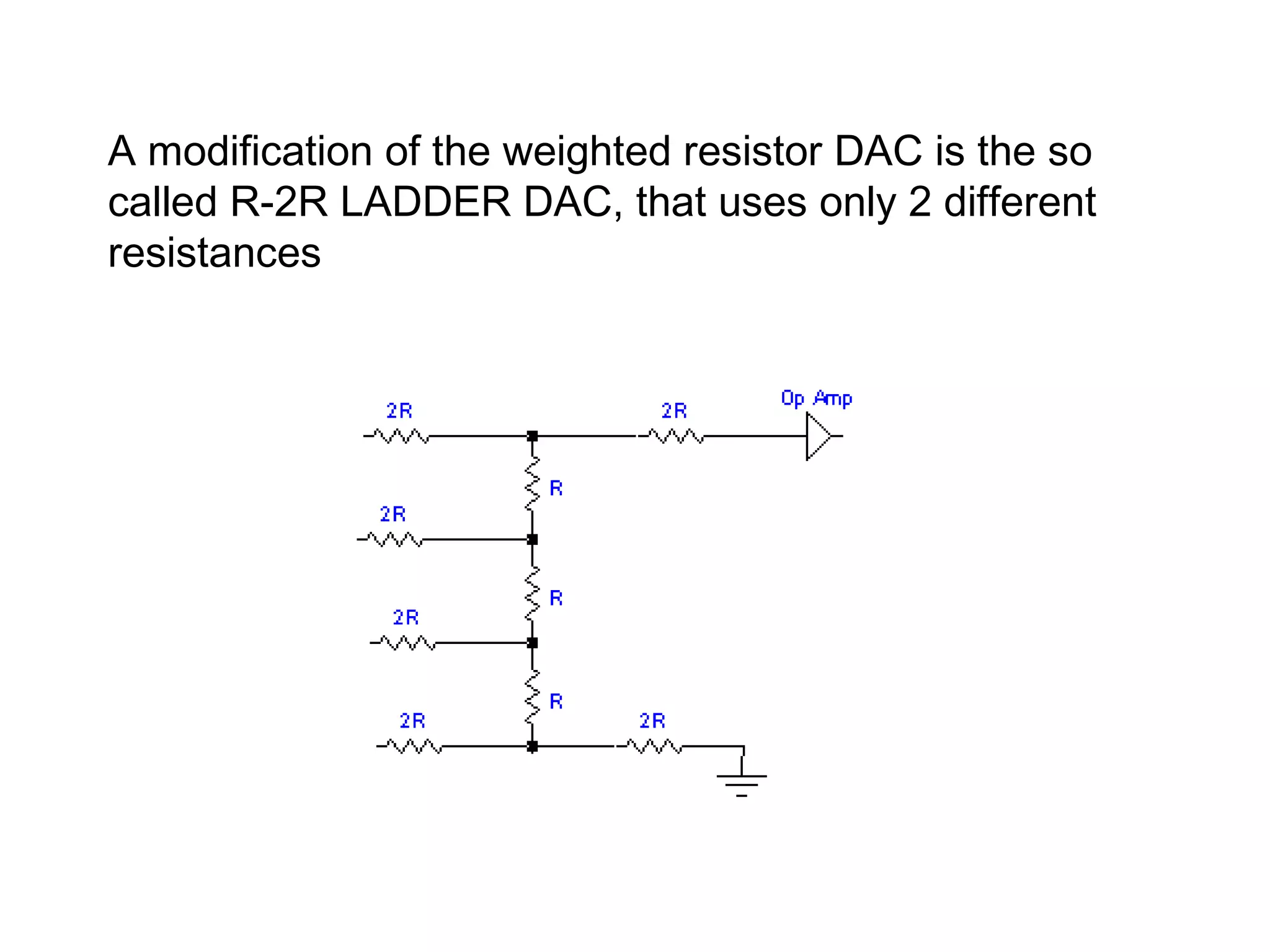 A modification of the weighted resistor DAC is the so 
called R-2R LADDER DAC, that uses only 2 different 
resistances 
 