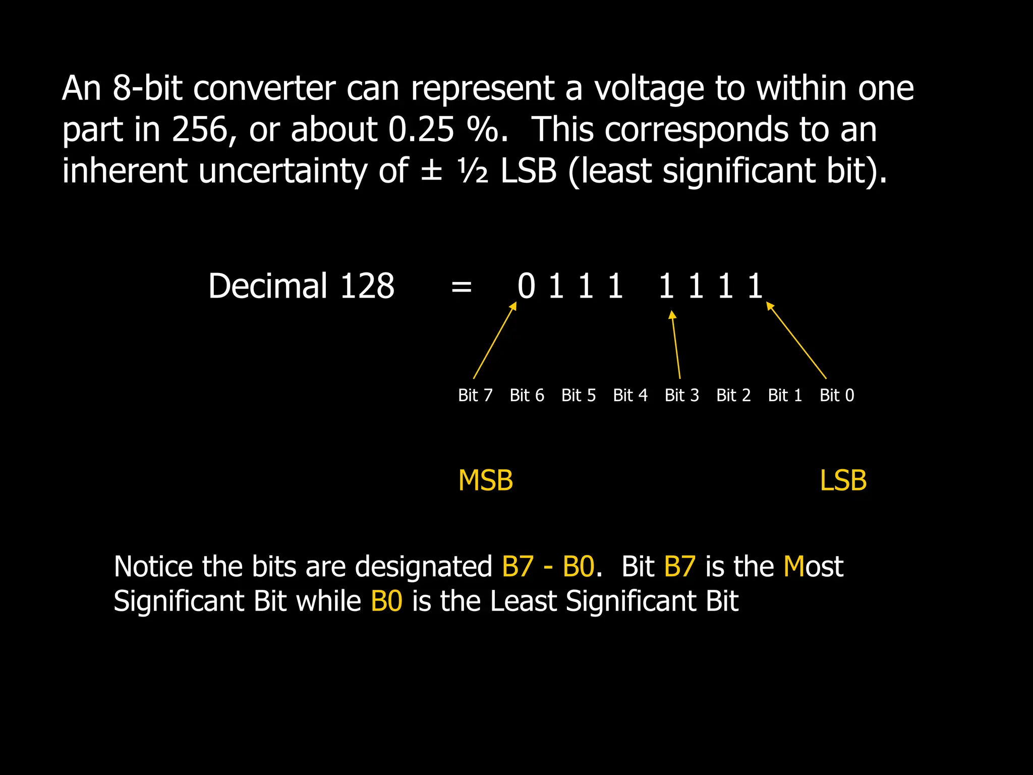 An 8-bit converter can represent a voltage to within one
part in 256, or about 0.25 %. This corresponds to an
inherent uncertainty of ± ½ LSB (least significant bit).
Decimal 128 = 0 1 1 1 1 1 1 1
Bit 1
Bit 2
Bit 3
Bit 4
Bit 5
Bit 6
Bit 7 Bit 0
LSB
MSB
Notice the bits are designated B7 - B0. Bit B7 is the Most
Significant Bit while B0 is the Least Significant Bit
 