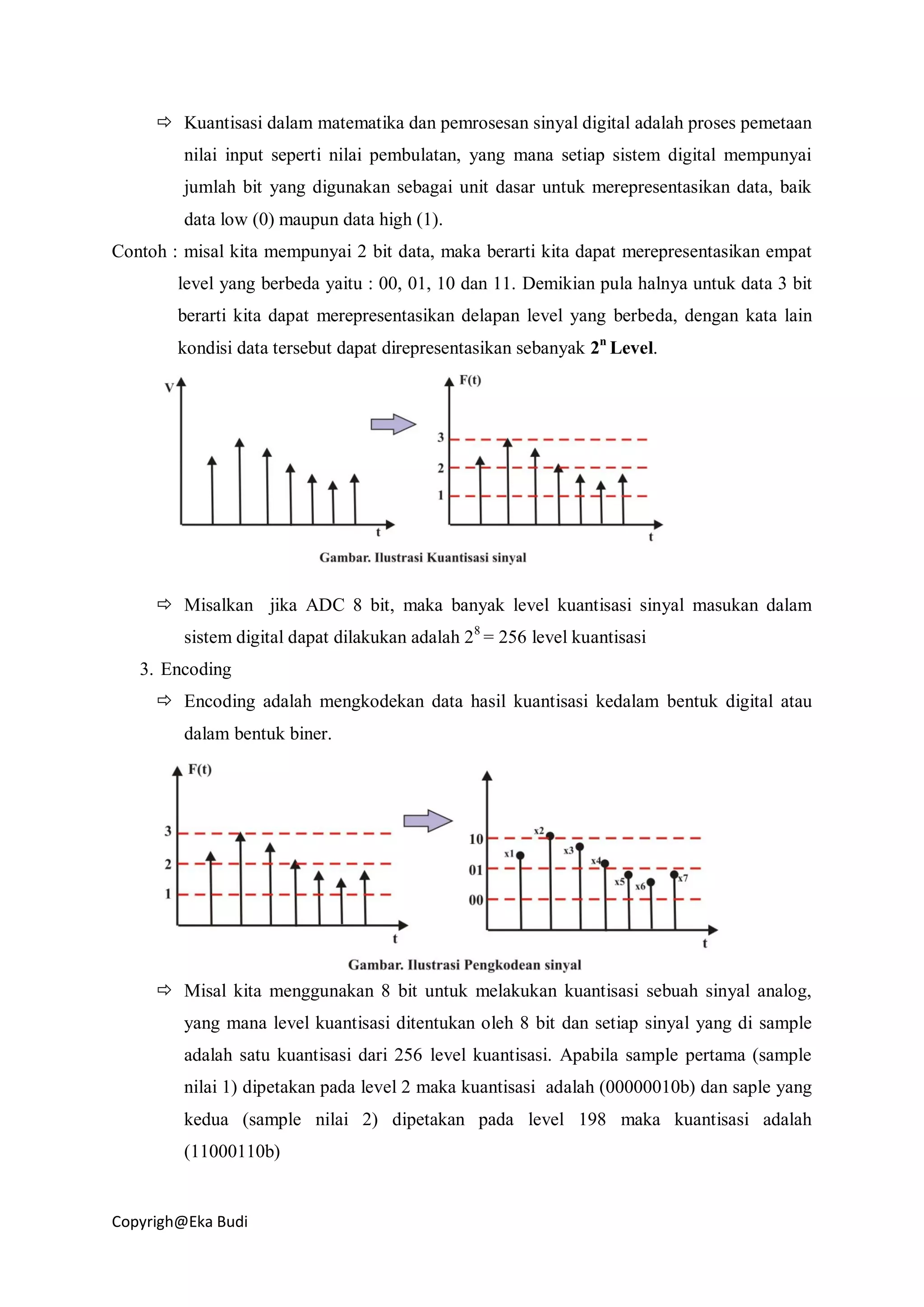 Copyrigh@Eka Budi
 Kuantisasi dalam matematika dan pemrosesan sinyal digital adalah proses pemetaan
nilai input seperti nilai pembulatan, yang mana setiap sistem digital mempunyai
jumlah bit yang digunakan sebagai unit dasar untuk merepresentasikan data, baik
data low (0) maupun data high (1).
Contoh : misal kita mempunyai 2 bit data, maka berarti kita dapat merepresentasikan empat
level yang berbeda yaitu : 00, 01, 10 dan 11. Demikian pula halnya untuk data 3 bit
berarti kita dapat merepresentasikan delapan level yang berbeda, dengan kata lain
kondisi data tersebut dapat direpresentasikan sebanyak 2n
Level.
 Misalkan jika ADC 8 bit, maka banyak level kuantisasi sinyal masukan dalam
sistem digital dapat dilakukan adalah 28
= 256 level kuantisasi
3. Encoding
 Encoding adalah mengkodekan data hasil kuantisasi kedalam bentuk digital atau
dalam bentuk biner.
 Misal kita menggunakan 8 bit untuk melakukan kuantisasi sebuah sinyal analog,
yang mana level kuantisasi ditentukan oleh 8 bit dan setiap sinyal yang di sample
adalah satu kuantisasi dari 256 level kuantisasi. Apabila sample pertama (sample
nilai 1) dipetakan pada level 2 maka kuantisasi adalah (00000010b) dan saple yang
kedua (sample nilai 2) dipetakan pada level 198 maka kuantisasi adalah
(11000110b)
 